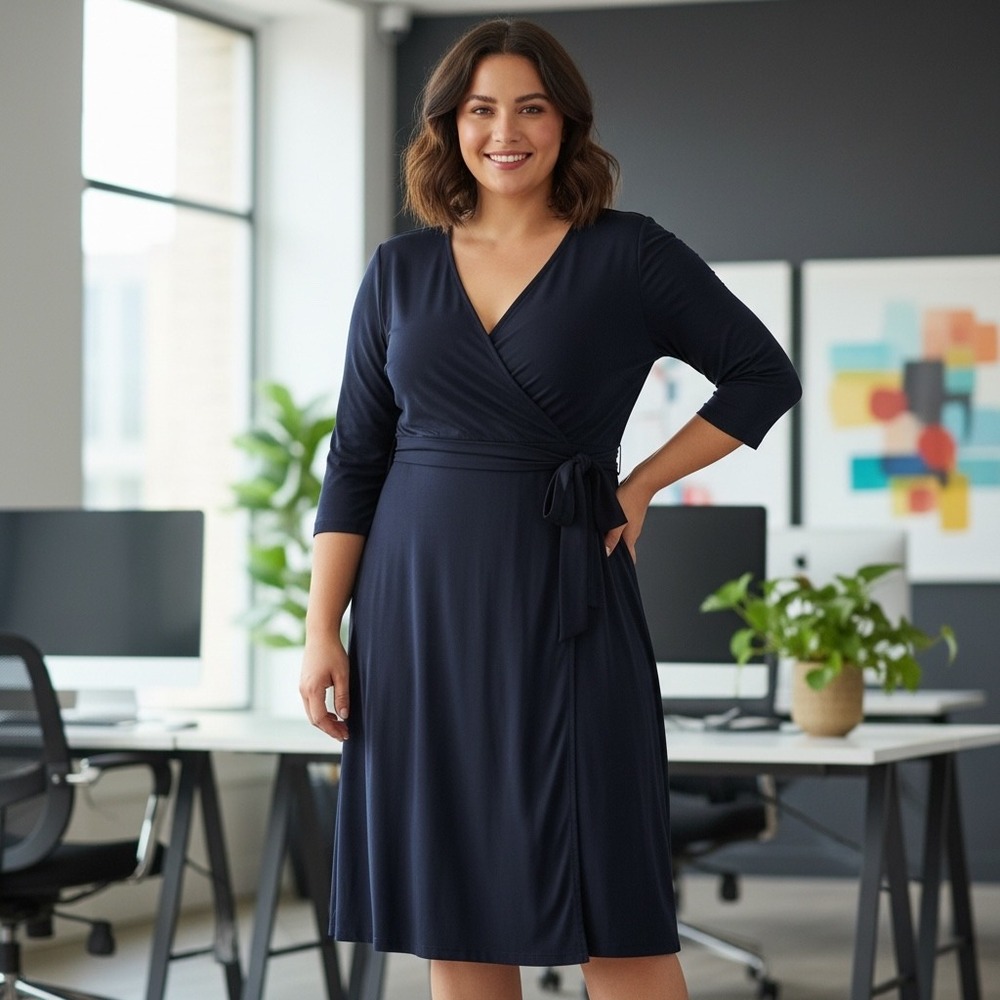 Lane Bryant Navy Blue Faux Wrap Midi‎ Dress 3/4 Sleeve Tie Waist Plus Size 10 12